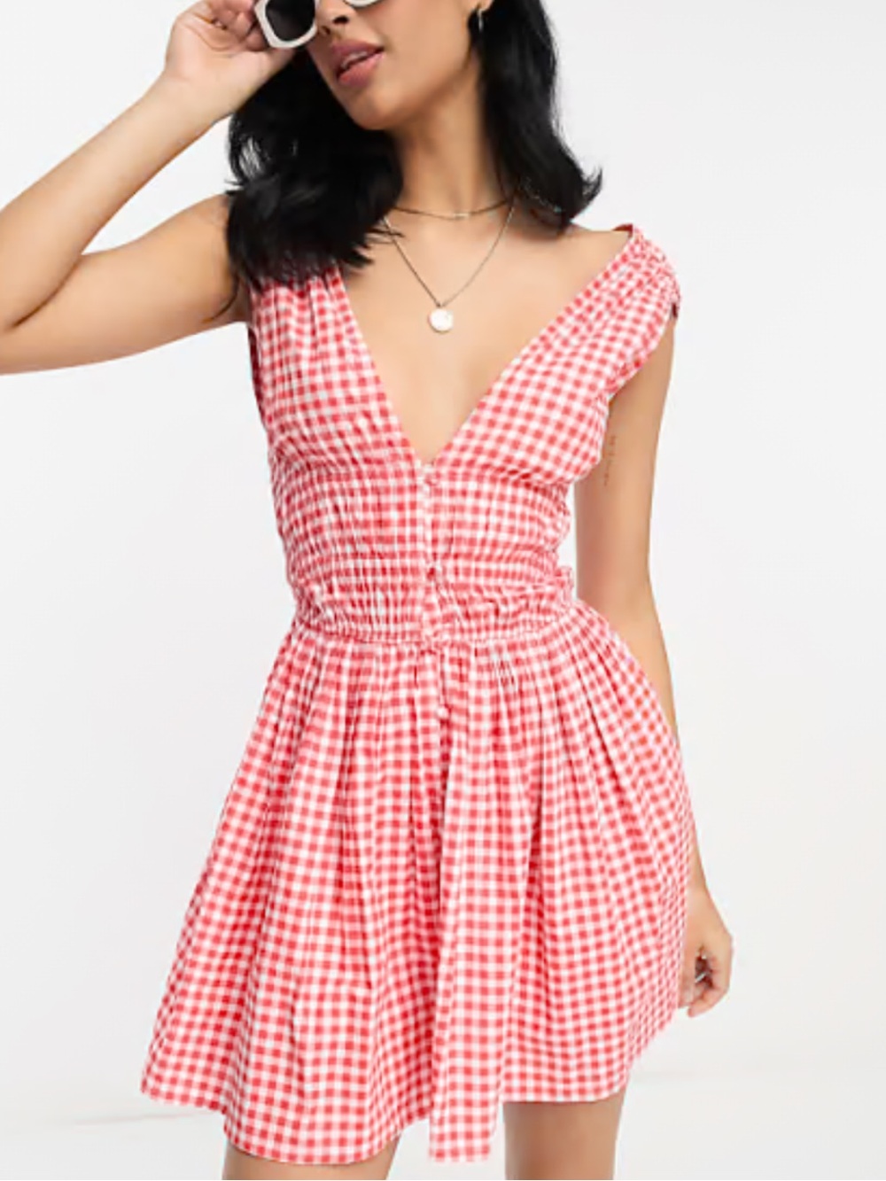 ASOS Red Gingham V-Neck Smocked Waist Dress
